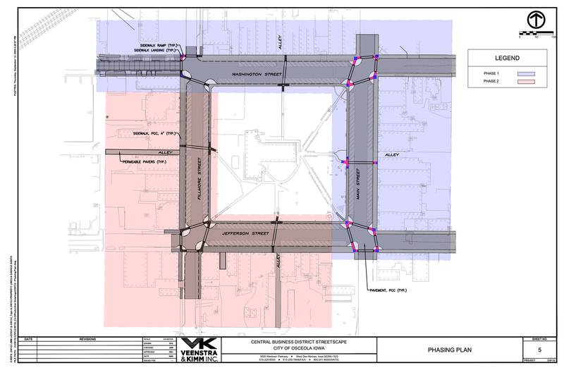 The construction for the streetscape project will be broken down into two distinct phases to alleviate the impact to business and traffic around the square.
The purple color is Phase 1, the pink is Phase 2.